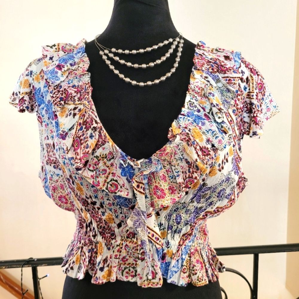 Nwt RAGA Multicolor Short Sleeve Ruffle Top Size Medium - Picture 16 of 16